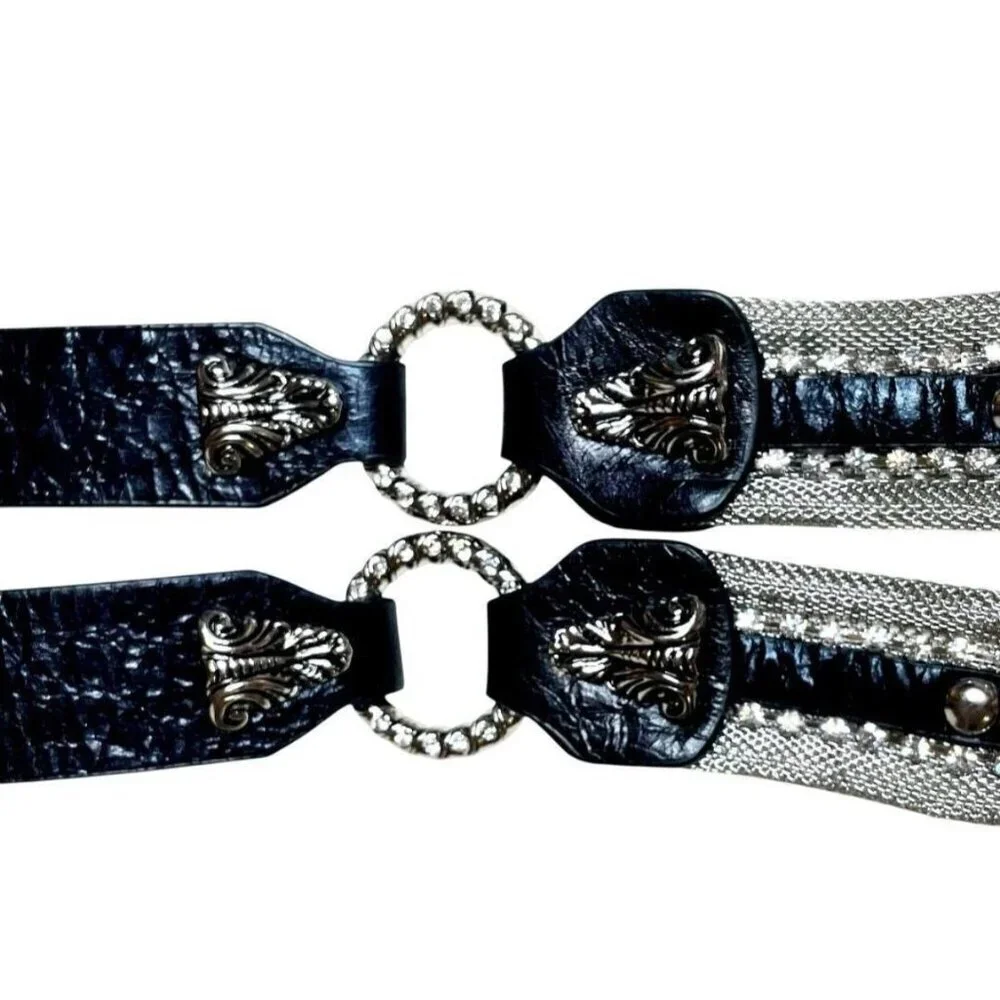 Christine Alexander Swarovski Leather Belt With Silver Buckle & Accents